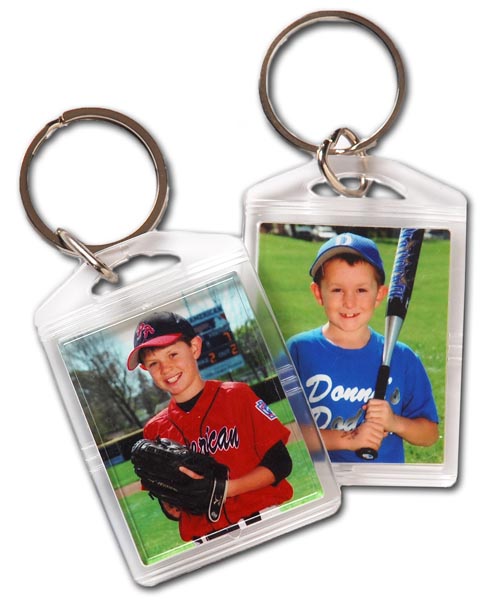 Mini Keychains - two - 1.5 x 2 inch keychain that holds two mini-wallet photos of your player. 