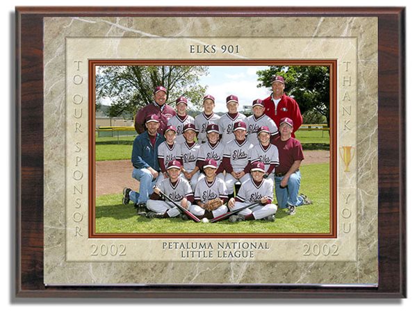 Sponsor Plaque - Wood grain plaque with an 8x10 print of the team in our custom designed border featuring the sponsor name, team name, year, and league name.