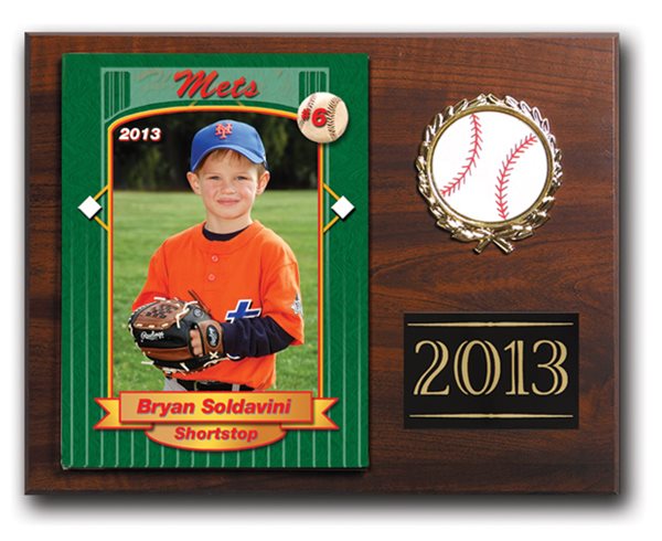 Individual Plaque - Wood grain plaque with a 5x7 individual print of your child in our Personalized Border, with sports emblem, and an engraved black metal plate. 
