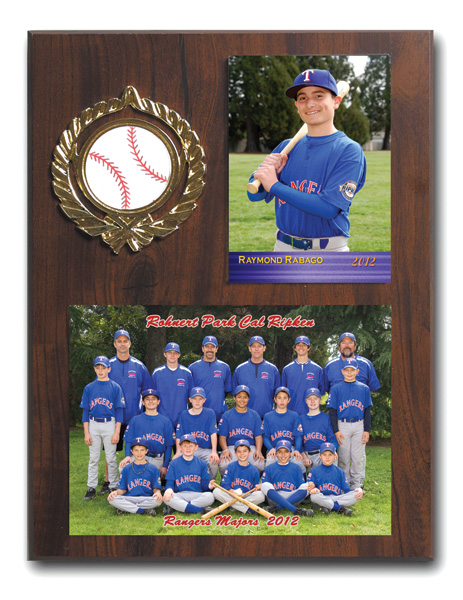 Team & Individual Plaque - Wood grain plaque with a 5x7 team photo and a 3½ x 5 individual photo of your player. Prints include player name, team name, league name, and year. 