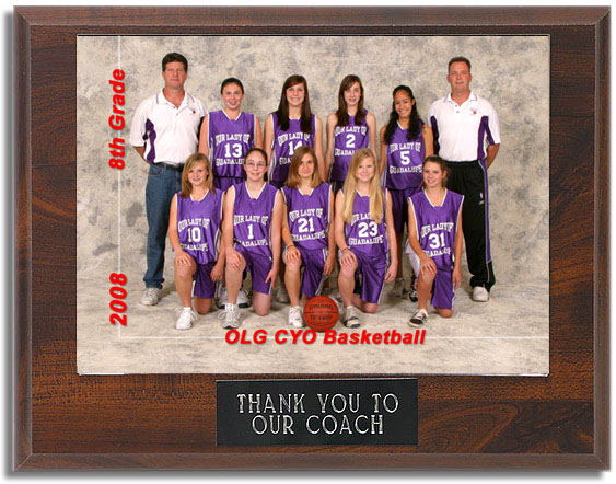 Coaches Plaque - Wood grain plaque with a 5x7 team photo and a black plate engraved with the words “Thank You to Our Coach”.