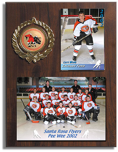 Team & Individual Plaque - Wood grain plaque with a 5x7 team photo and a 3½ x 5 individual photo of your player with their name, position, team name, division and year.