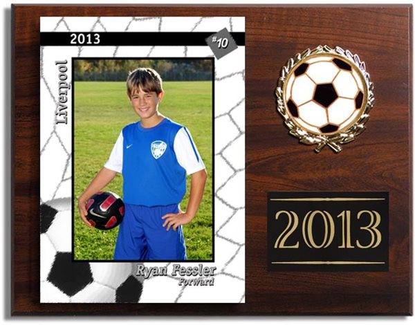  Individual Plaque - Wood grain plaque with a 5x7 individual print of your child in our Personalized Border, with sports emblem, and engraved black metal plate.
