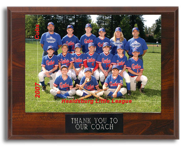 Coaches Plaque - Wood grain plaque with a 5x7 team photo and a black plate engraved with the words “Thank You to Our Coach”. 