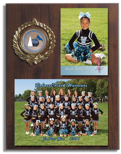 Team & Individual Plaque - Wood grain plaque with a 5x7 team photo and a 3½ x 5 individual photo. Prints include player name, team name, league name, and year.