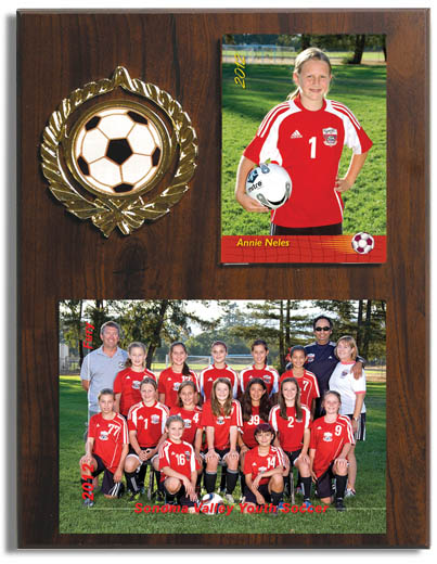 Team & Individual Plaque - Wood grain plaque with a 5x7 team photo and a 3½ x 5 individual photo of your player. Prints include player name, position, team name, league name, and year. 