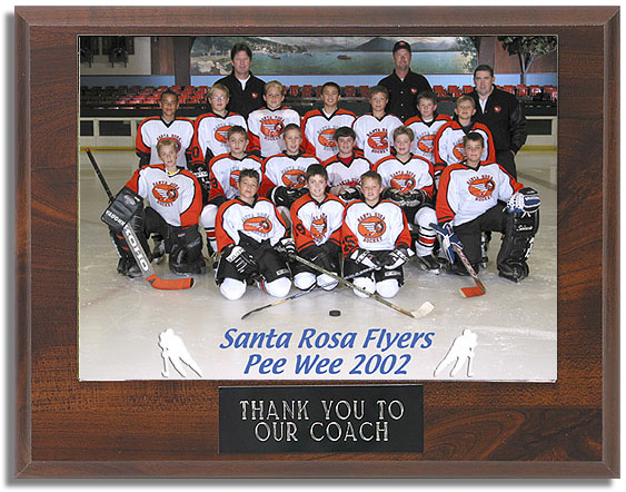 Coaches Plaque - Wood grain plaque with a 5x7 team photo and a black plate engraved with the words “Thank You to Our Coach”.