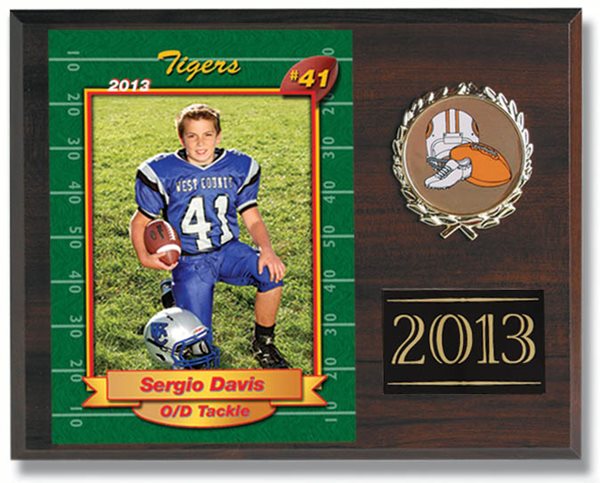 Individual Plaque - Wood grain plaque with a 5x7 individual print of your child in our Personalized Border, with sports emblem, and engraved black metal plate.