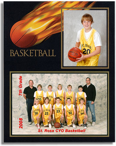 Premium Memory Mate - 8x10 Black Fireball Frame contains a 5x7 team photo and a 3 ½ x 5 individual photo of your player