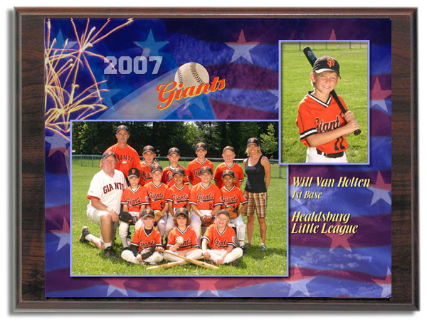 Deluxe TeamMate (shown on optional wood grain plaque) – 8x10 print featuring team and individual photos, personalized with your player’s name, position, year, team name, and league name.