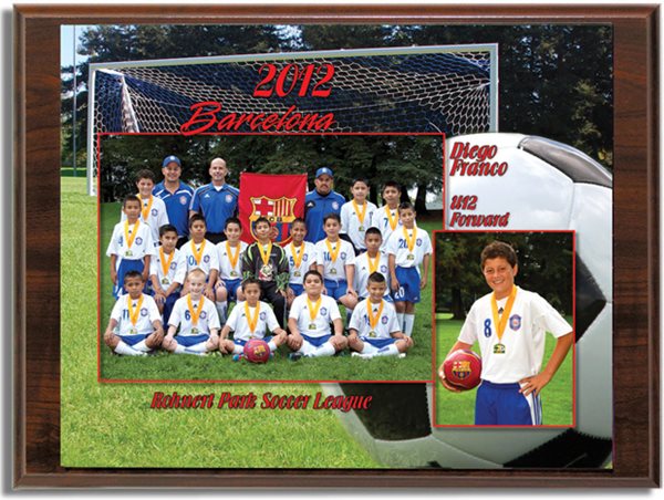 Deluxe TeamMate (shown on optional wood grain plaque) – 8x10 print featuring team and individual photos, personalized with your player’s name, position, year, team name, and league name. 