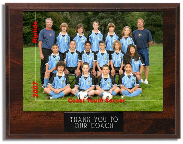 Coaches Plaque - Wood grain plaque with a 5x7 team photo and a black plate engraved with the words “Thank You to Our Coach”