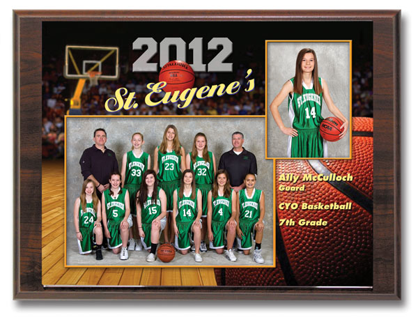 Deluxe TeamMate (shown on optional wood grain plaque) – 8x10 print featuring team and individual photos, personalized with your player’s name, position, year, team name, and league name.