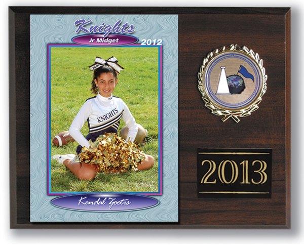 Individual Plaque - Wood grain plaque with a 5x7 individual print of your child in our Personalized Border, with sports emblem, and engraved black metal plate.