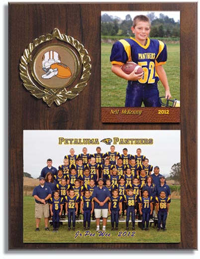 Team & Individual Plaque - Wood grain plaque with a 5x7 team photo and a 3½ x 5 individual photo. Prints include player name, team name, league name, and year.