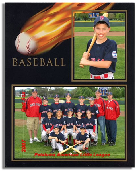 Premium Memory Mate - 8x10 Black Fireball Frame contains a 5x7 team photo and a 3 ½ x 5 individual photo of your player.