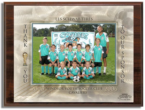 Sponsor Plaque - Wood grain plaque with an 8x10 print of the team in our custom designed border featuring the sponsor name, team name, year, and league name. 