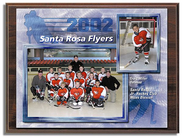 Deluxe TeamMate (shown on optional wood grain plaque) – 8x10 print featuring team and individual photos, personalized with your player’s name, position, year, team name, and league name.